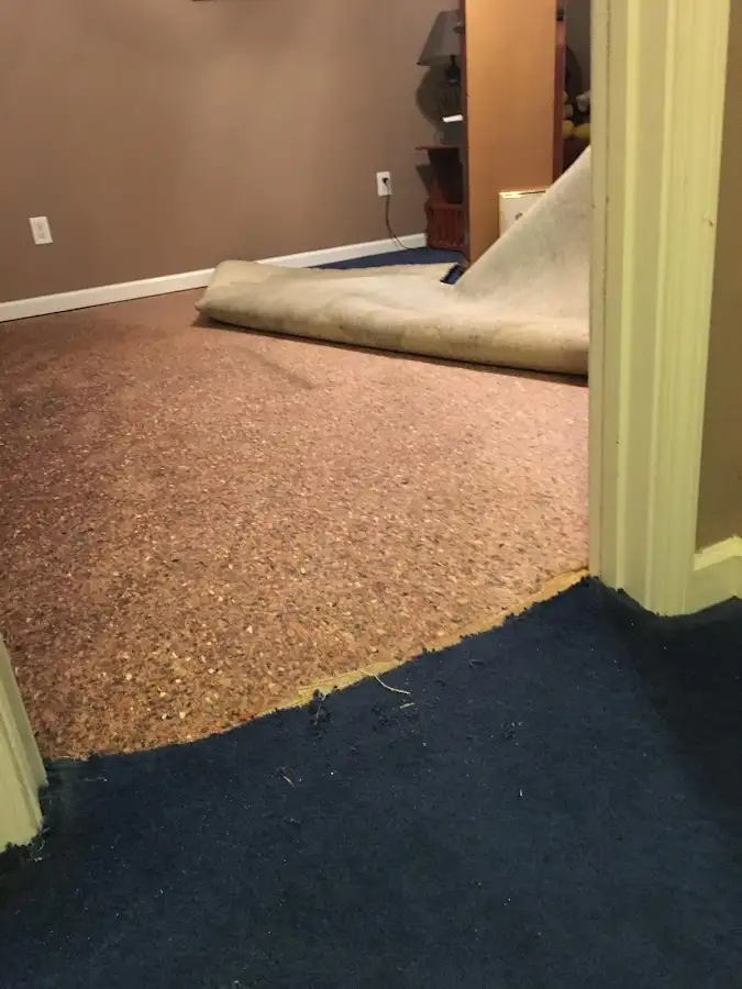 Carpet pad removal revealing water damage during Drying & Dehumidification in Blackman